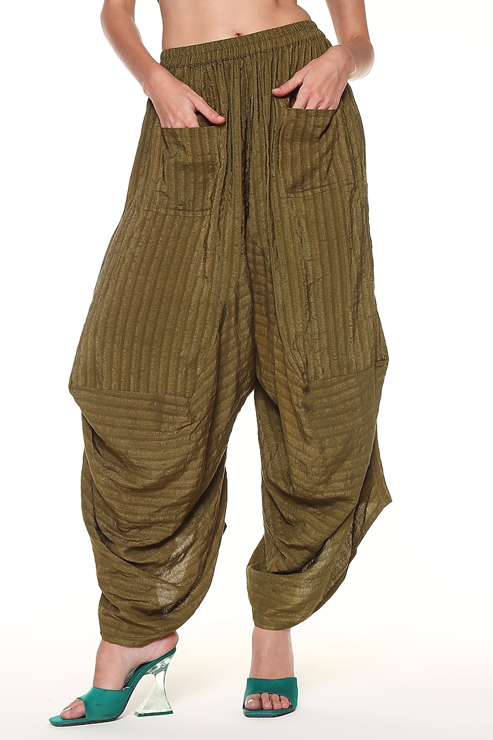 Olive Green Jute Linen Calypsp Pants by Capisvirleo at Pernia's Pop Up Shop