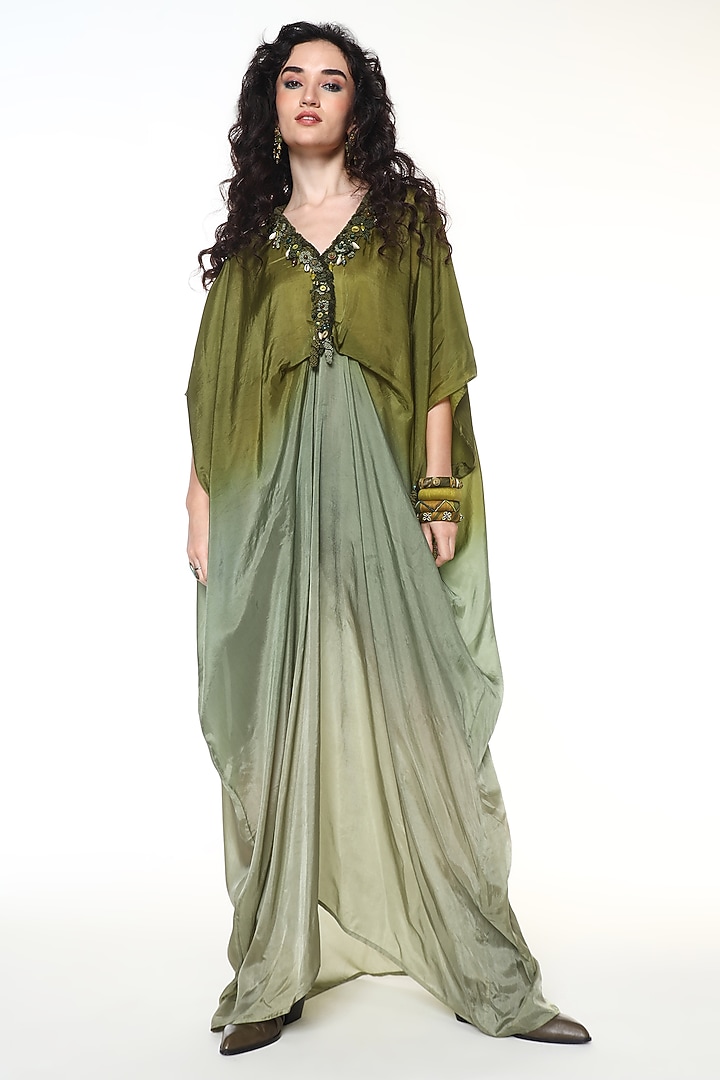 Sapphire Green Habutai Silk Ombre Kaftan by Capisvirleo at Pernia's Pop Up Shop