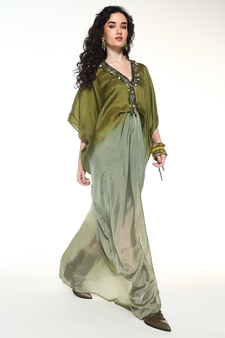 Sapphire Green Habutai Silk Ombre Kaftan by Capisvirleo at Pernia's Pop Up Shop