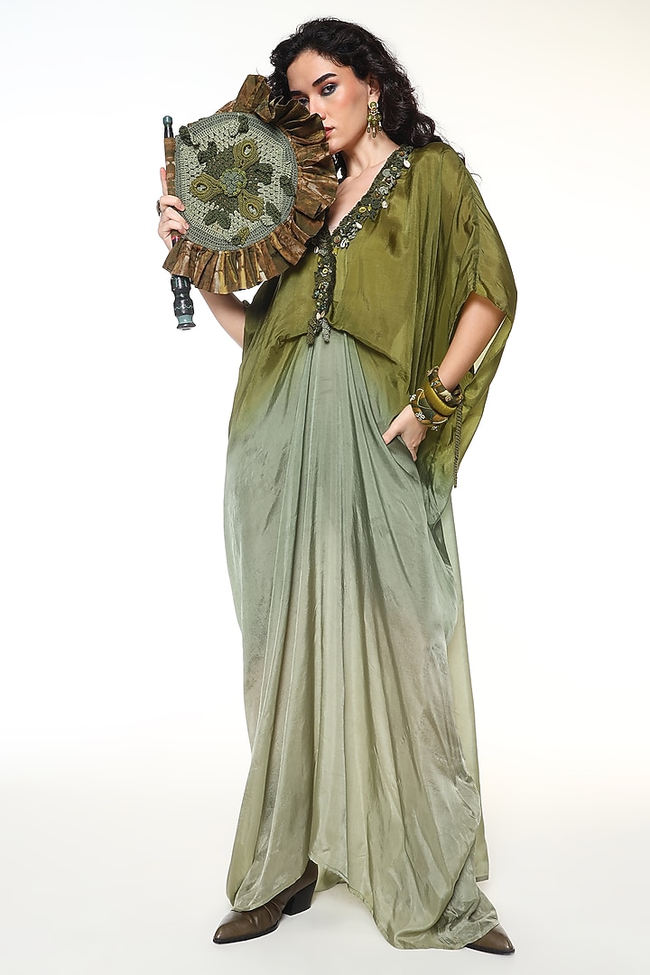 Sapphire Green Habutai Silk Ombre Kaftan by Capisvirleo at Pernia's Pop Up Shop