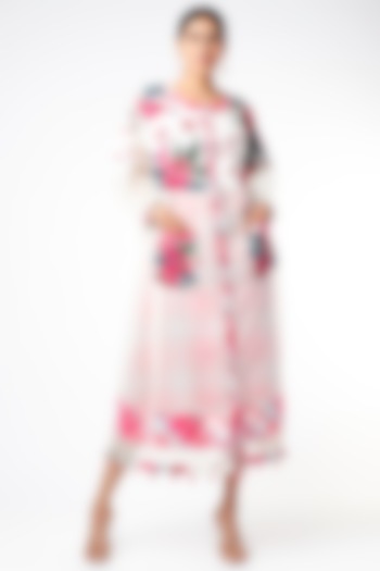 White & Blush Pink Printed Front-Open Kimono Dress by Capisvirleo