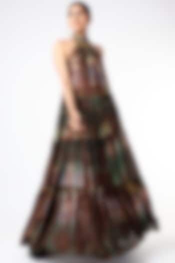 Brown & Olive Green Tie-Dye Flared Maxi Dress by Capisvirleo