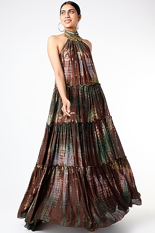 Brown & Olive Green Cotton Silk Tie-Dye Printed Flared Maxi Dress by Capisvirleo