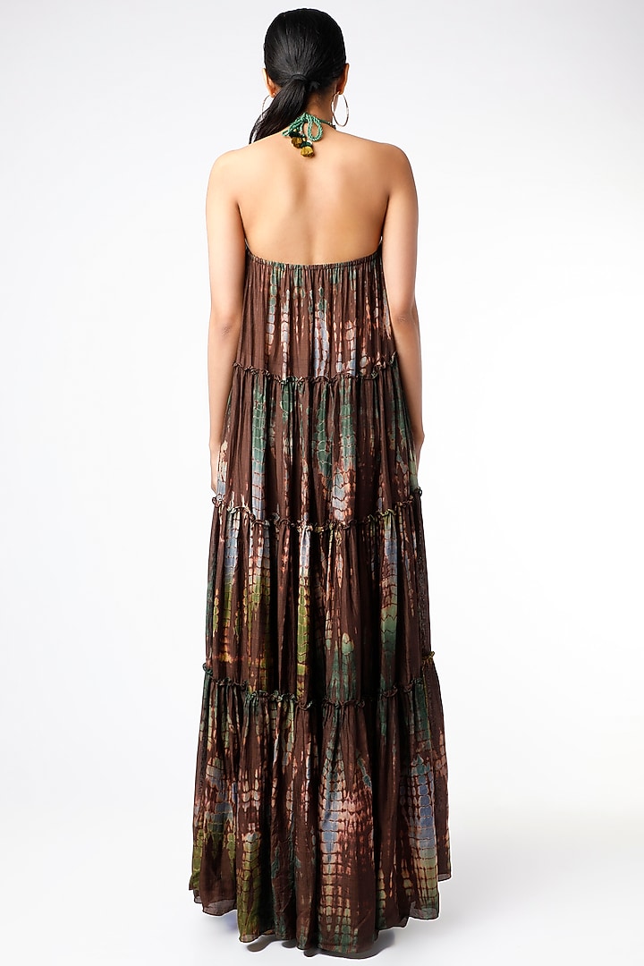 Brown & Olive Green Cotton Silk Tie-Dye Printed Flared Maxi Vacation Dress by Capisvirleo at Pernia's Pop Up Shop