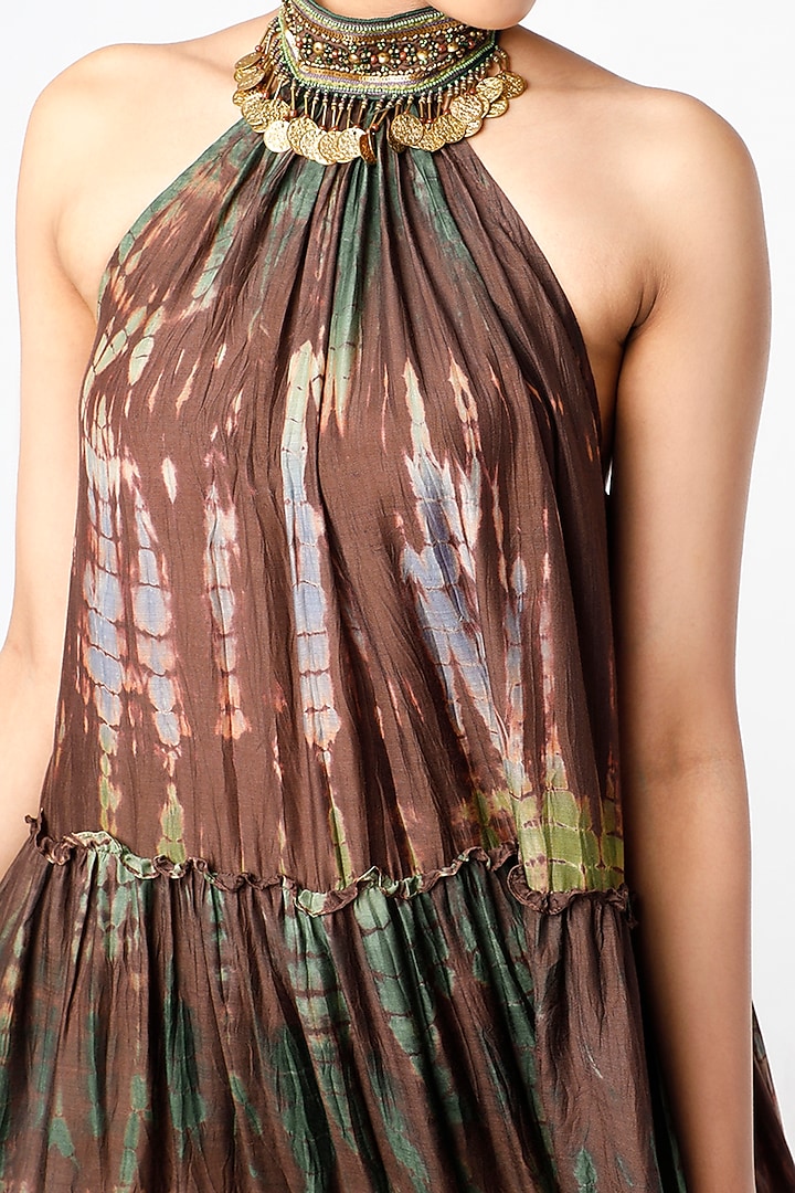 Brown & Olive Green Cotton Silk Tie-Dye Printed Flared Maxi Vacation Dress by Capisvirleo at Pernia's Pop Up Shop