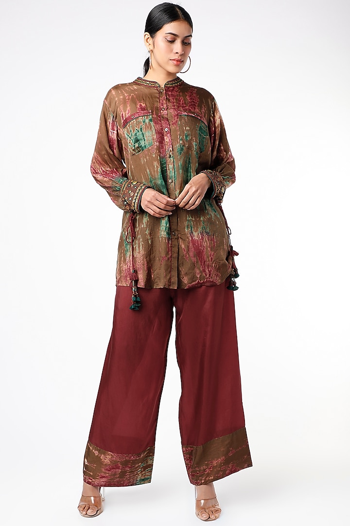 Brown & Red Tie-Dye Front-Open Tunic Set by Capisvirleo