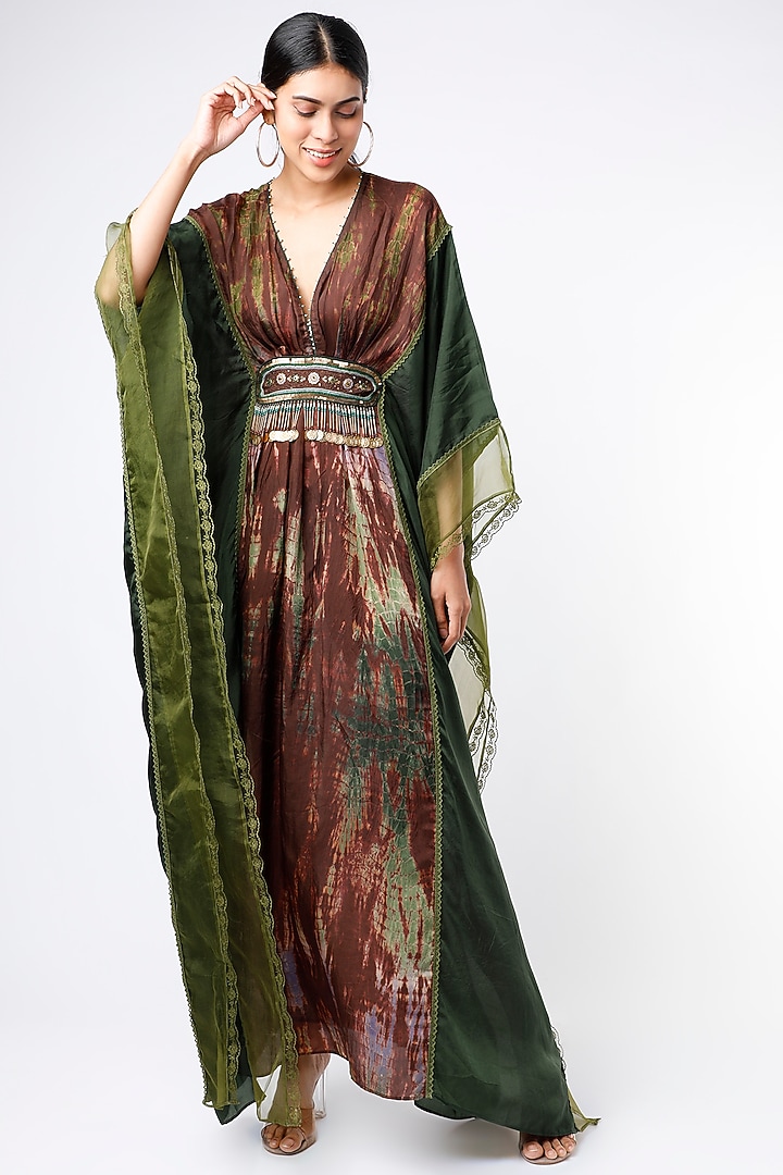 Brown & Olive Green Tie-Dye Paneled Kaftan by Capisvirleo at Pernia's Pop Up Shop