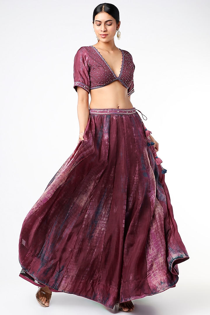Wine Habutai Silk Tie-Dye Printed Maxi Skirt by Capisvirleo