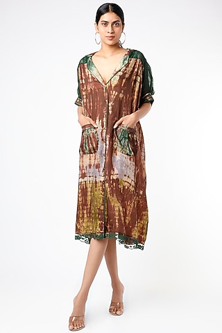 Brown & Olive Green Front-Open Flared Dress by Capisvirleo