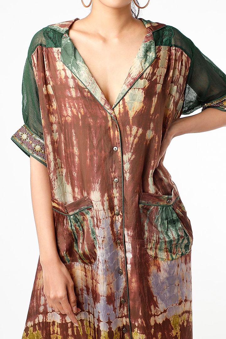 Brown & Olive Green Front-Open Flared Vacation Dress by Capisvirleo at Pernia's Pop Up Shop