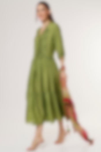 Olive Green Chanderi Silk Pleated Vacation Dress by Capisvirleo at Pernia's Pop Up Shop