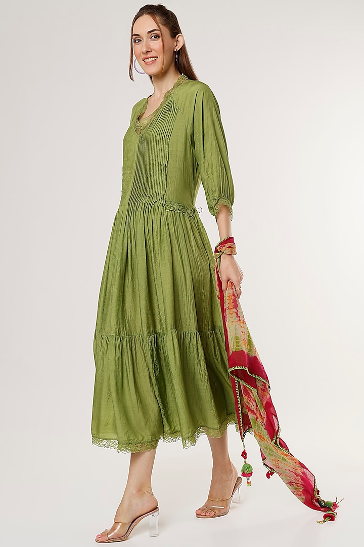 Olive Green Chanderi Silk Pleated Dress by Capisvirleo