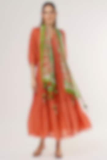 Orange Chanderi Silk Pleated Dress by Capisvirleo