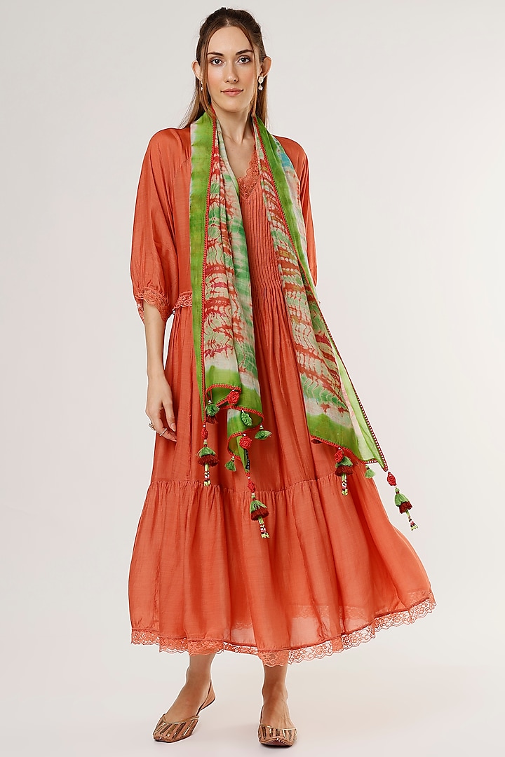 Orange Chanderi Silk Pleated Dress by Capisvirleo