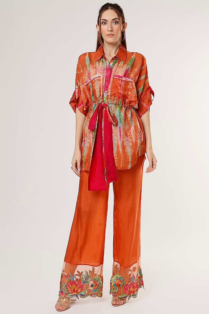 Orange Habutai Silk Embroidered & Tie-Dye Printed Pant Set by Capisvirleo at Pernia's Pop Up Shop