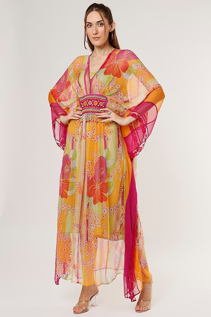 Multi-Coloured Chiffon Embroidered Kaftan by Capisvirleo