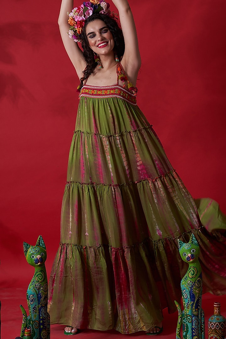 Green Tie-Dyed & Embroidered Flared Dress by Capisvirleo