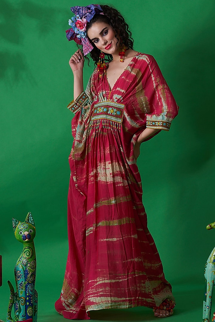 Magenta Tie-Dyed & Embroidered Kaftan Dress by Capisvirleo