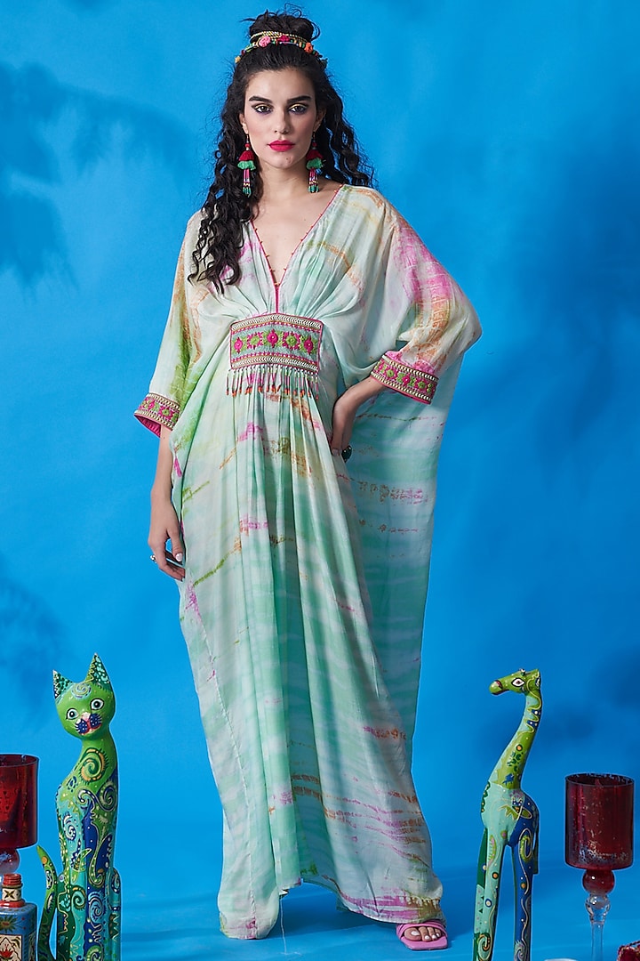 Mint Tie-Dyed & Embroidered Kaftan Dress by Capisvirleo