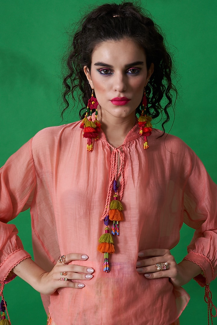 Peach Chanderi Silk Cropped Top by Capisvirleo at Pernia's Pop Up Shop