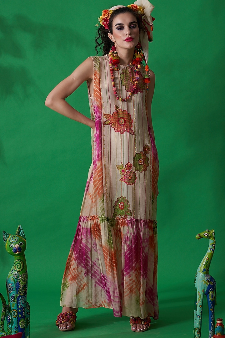 Ivory Tie-Dyed & Embroidered Flared Dress by Capisvirleo