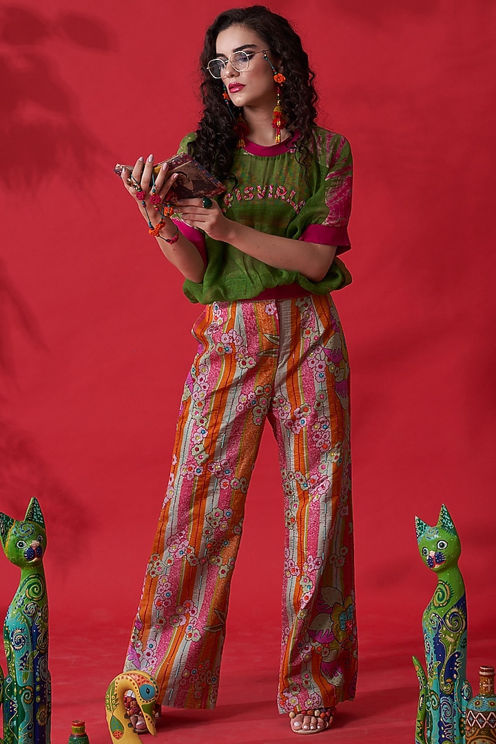 Orange Hand Embroidered Bell Bottom Pants by Capisvirleo at Pernia's Pop Up Shop