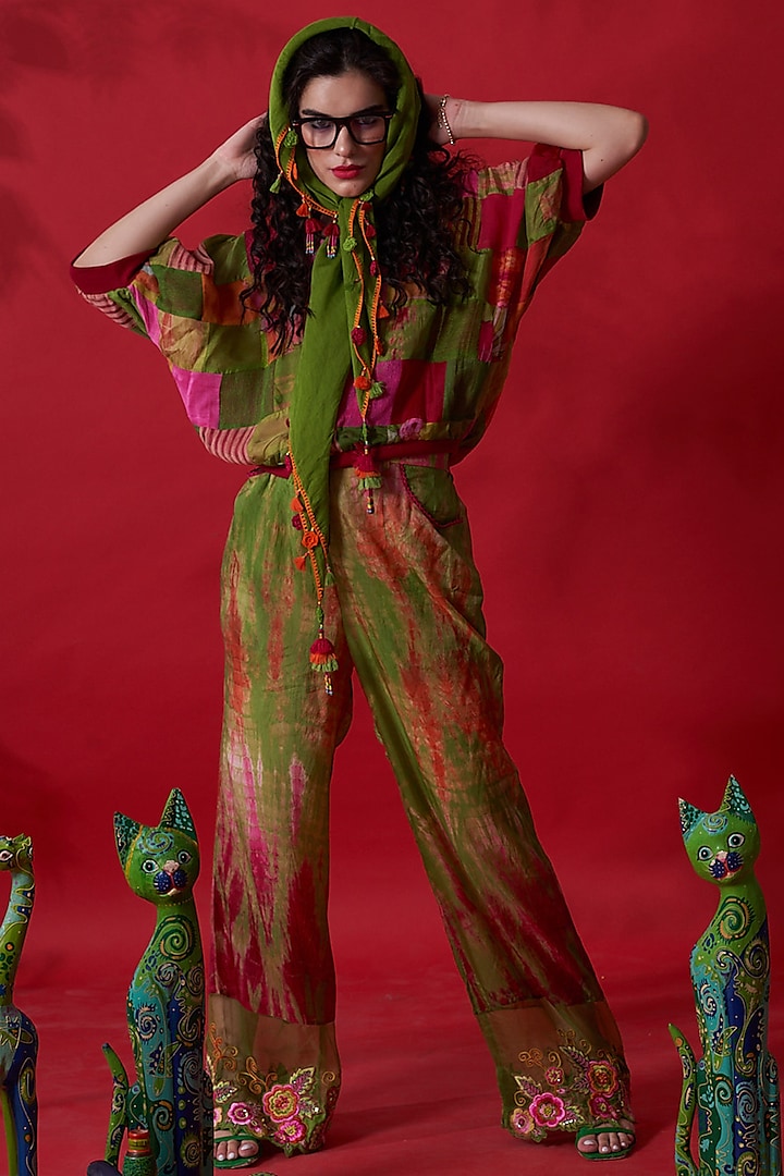 Green Tie-Dyed & Embroidered Bell Bottom Pants by Capisvirleo
