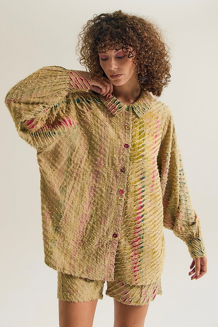 Ecru Chanderi Silk Tie-Dyed Shirt by Capisvirleo at Pernia's Pop Up Shop