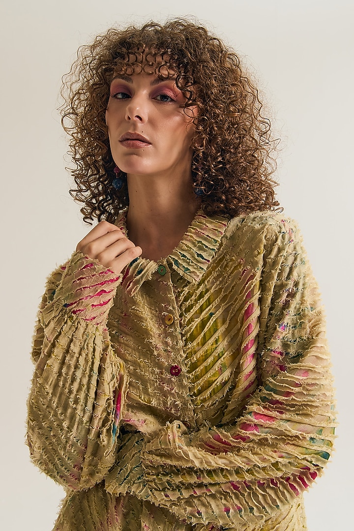 Ecru Chanderi Silk Tie-Dyed Shirt by Capisvirleo at Pernia's Pop Up Shop