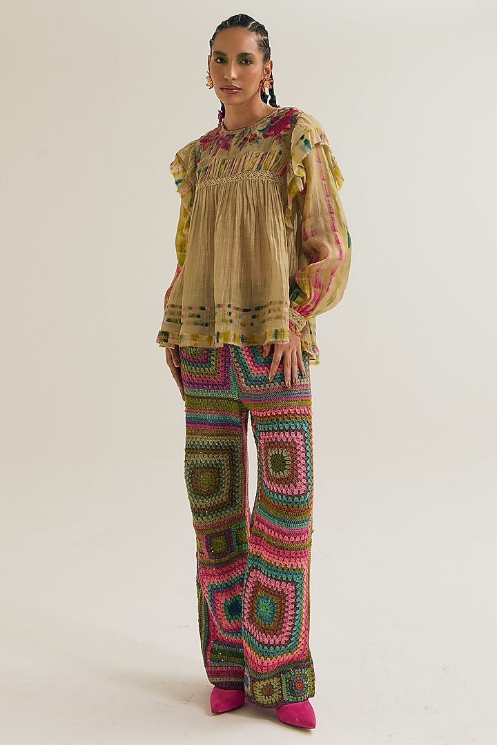 Ecru Chanderi Silk Machine Embroidered Top by Capisvirleo at Pernia's Pop Up Shop