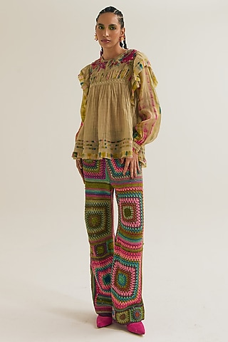 Ecru Chanderi Silk Machine Embroidered Top by Capisvirleo