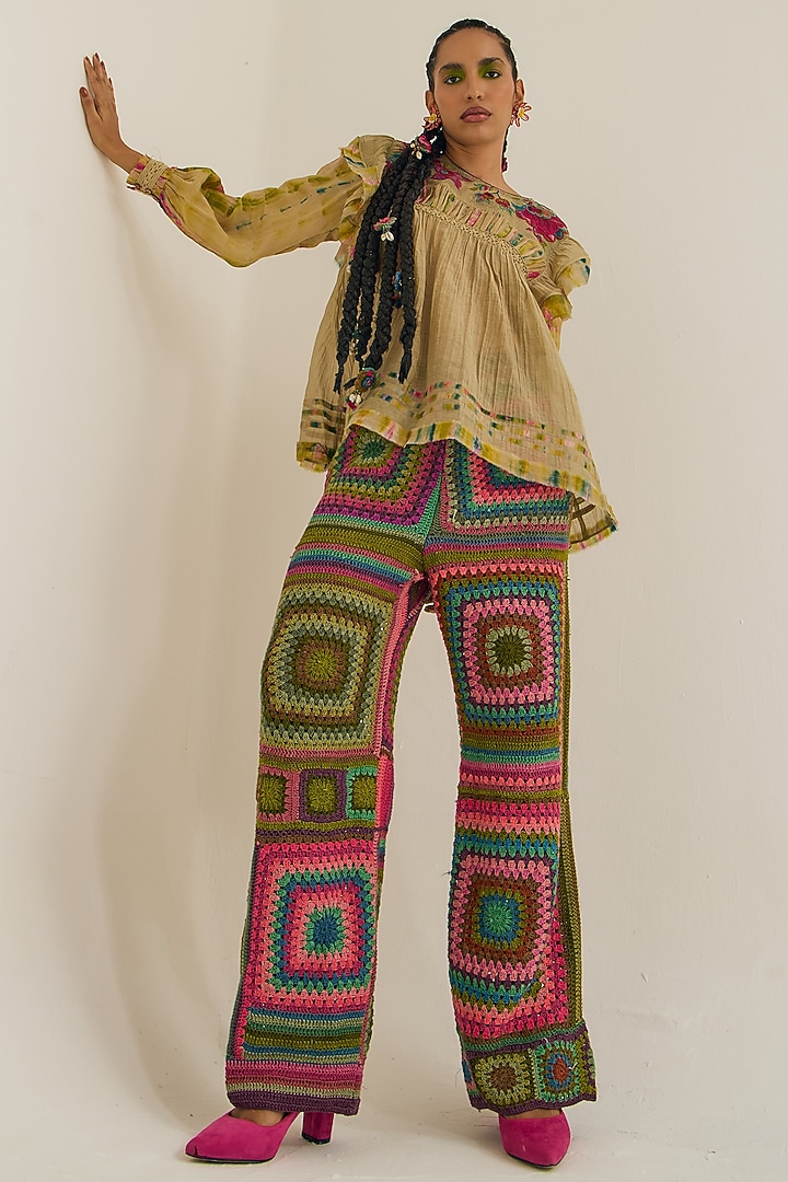 Ecru Chanderi Silk Machine Embroidered Top by Capisvirleo at Pernia's Pop Up Shop