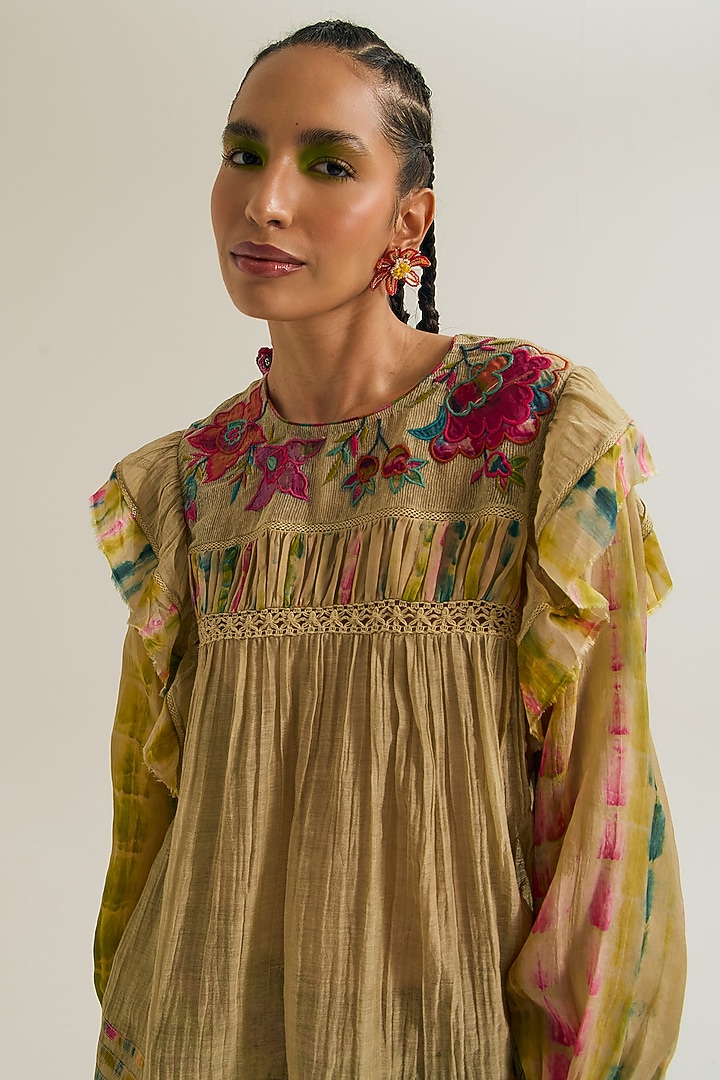 Ecru Chanderi Silk Machine Embroidered Top by Capisvirleo at Pernia's Pop Up Shop