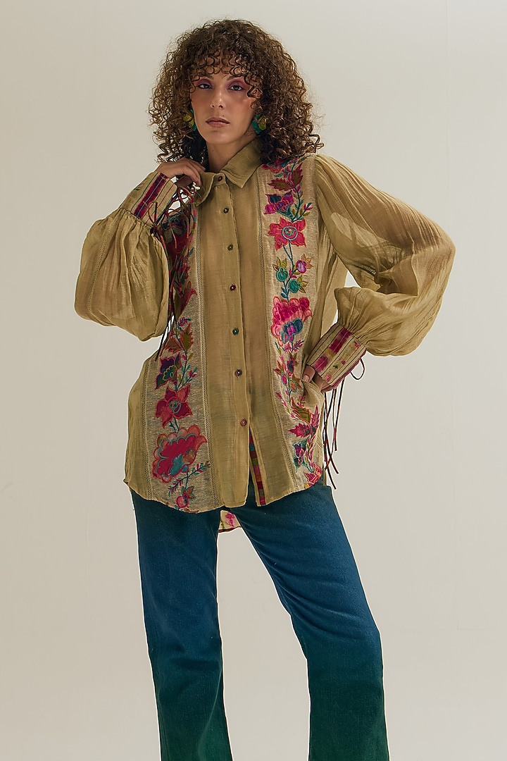 Ecru Chanderi Silk Machine Embroidered Shirt by Capisvirleo at Pernia's Pop Up Shop