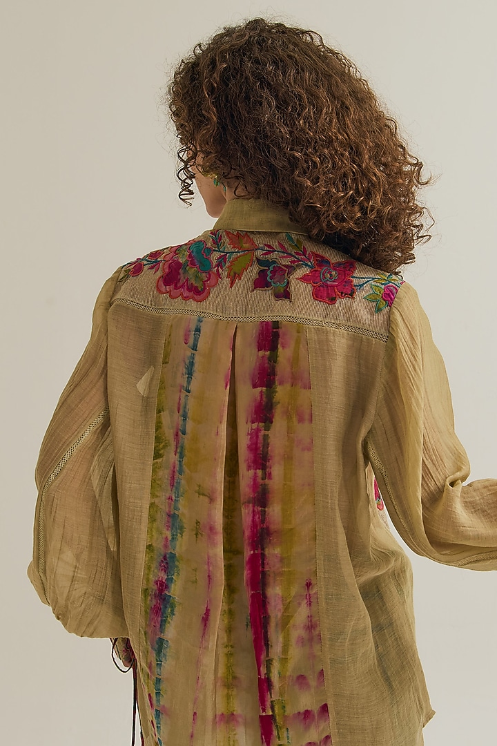 Ecru Chanderi Silk Machine Embroidered Shirt by Capisvirleo at Pernia's Pop Up Shop