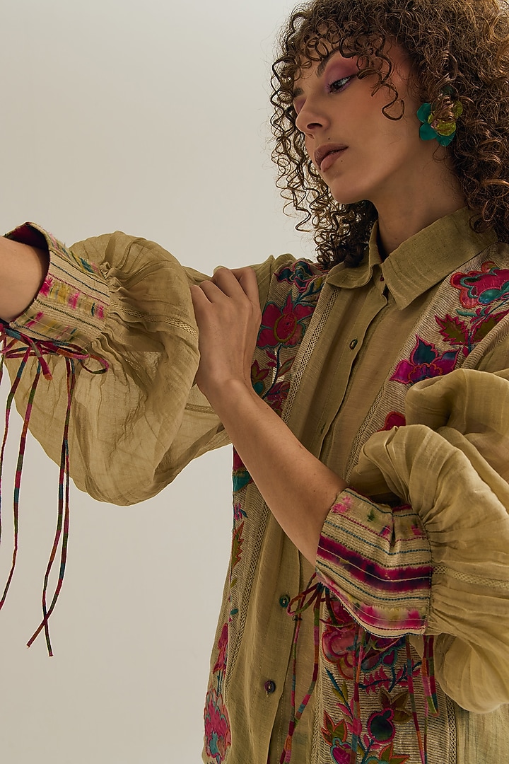 Ecru Chanderi Silk Machine Embroidered Shirt by Capisvirleo at Pernia's Pop Up Shop