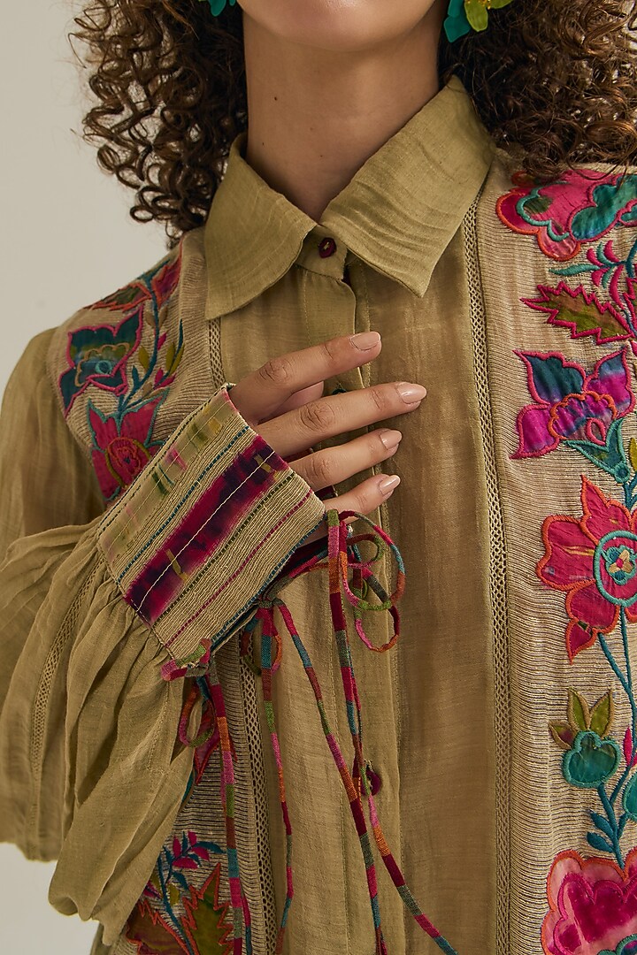 Ecru Chanderi Silk Machine Embroidered Shirt by Capisvirleo at Pernia's Pop Up Shop