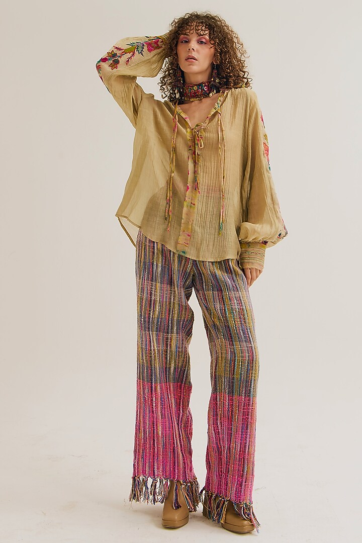 Ecru Chanderi Silk Machine Embroidered Shirt by Capisvirleo at Pernia's Pop Up Shop