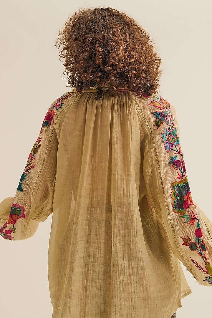 Ecru Chanderi Silk Machine Embroidered Shirt by Capisvirleo at Pernia's Pop Up Shop