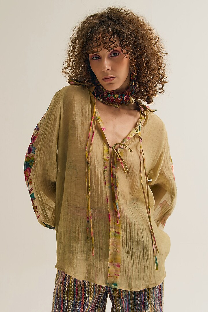 Ecru Chanderi Silk Machine Embroidered Shirt by Capisvirleo at Pernia's Pop Up Shop