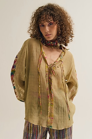 Ecru Chanderi Silk Machine Embroidered Shirt by Capisvirleo