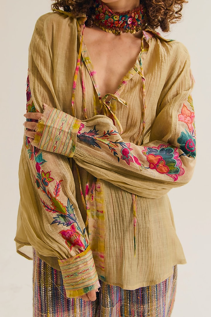 Ecru Chanderi Silk Machine Embroidered Shirt by Capisvirleo at Pernia's Pop Up Shop