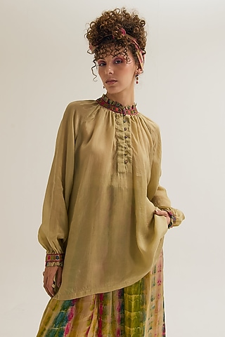 Ecru Habutai Silk Threadwork Shirt by Capisvirleo