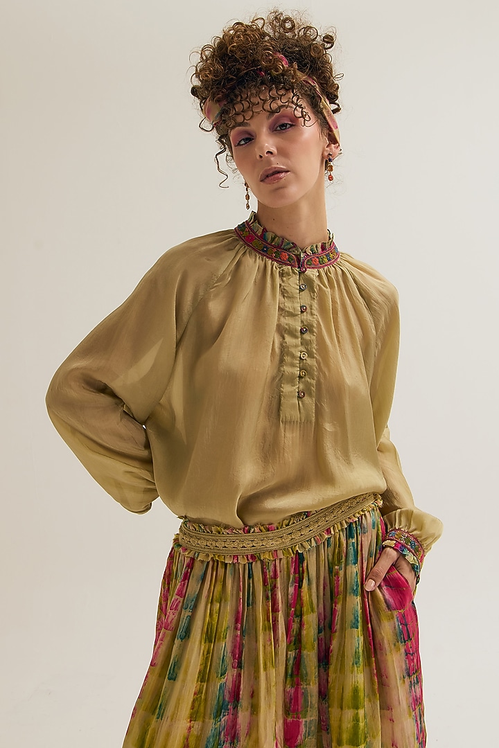 Ecru Habutai Silk Threadwork Shirt by Capisvirleo at Pernia's Pop Up Shop