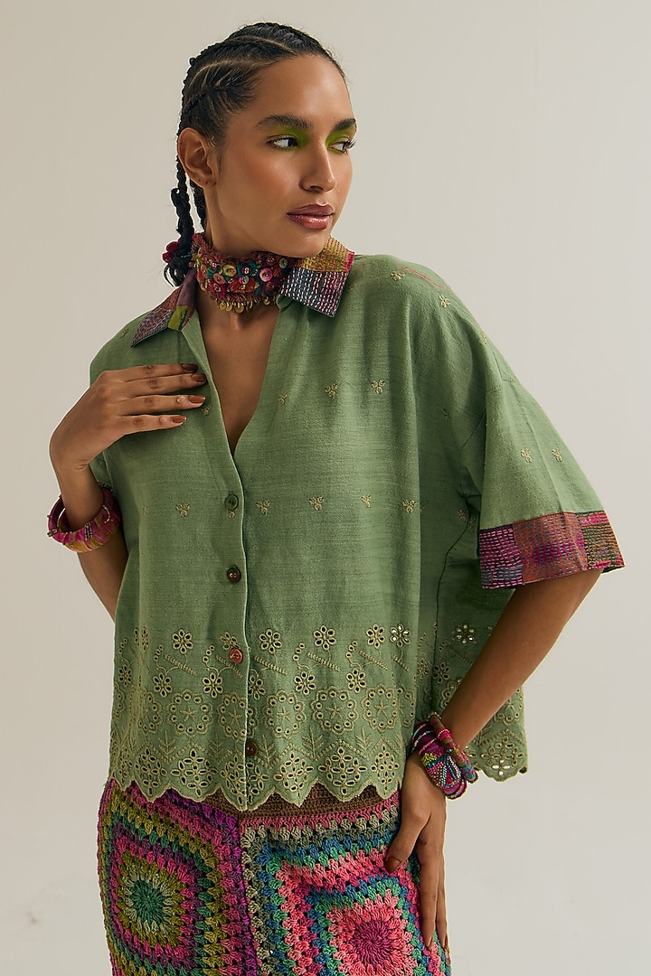 Sage Green Cotton Kantha Embroidered Shirt by Capisvirleo at Pernia's Pop Up Shop