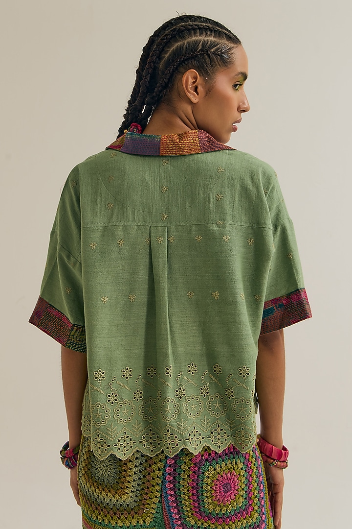 Sage Green Cotton Kantha Embroidered Shirt by Capisvirleo at Pernia's Pop Up Shop