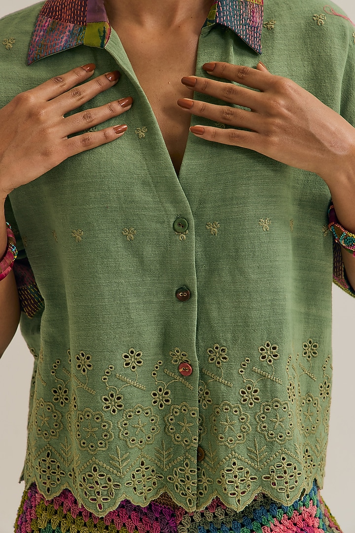 Sage Green Cotton Kantha Embroidered Shirt by Capisvirleo at Pernia's Pop Up Shop