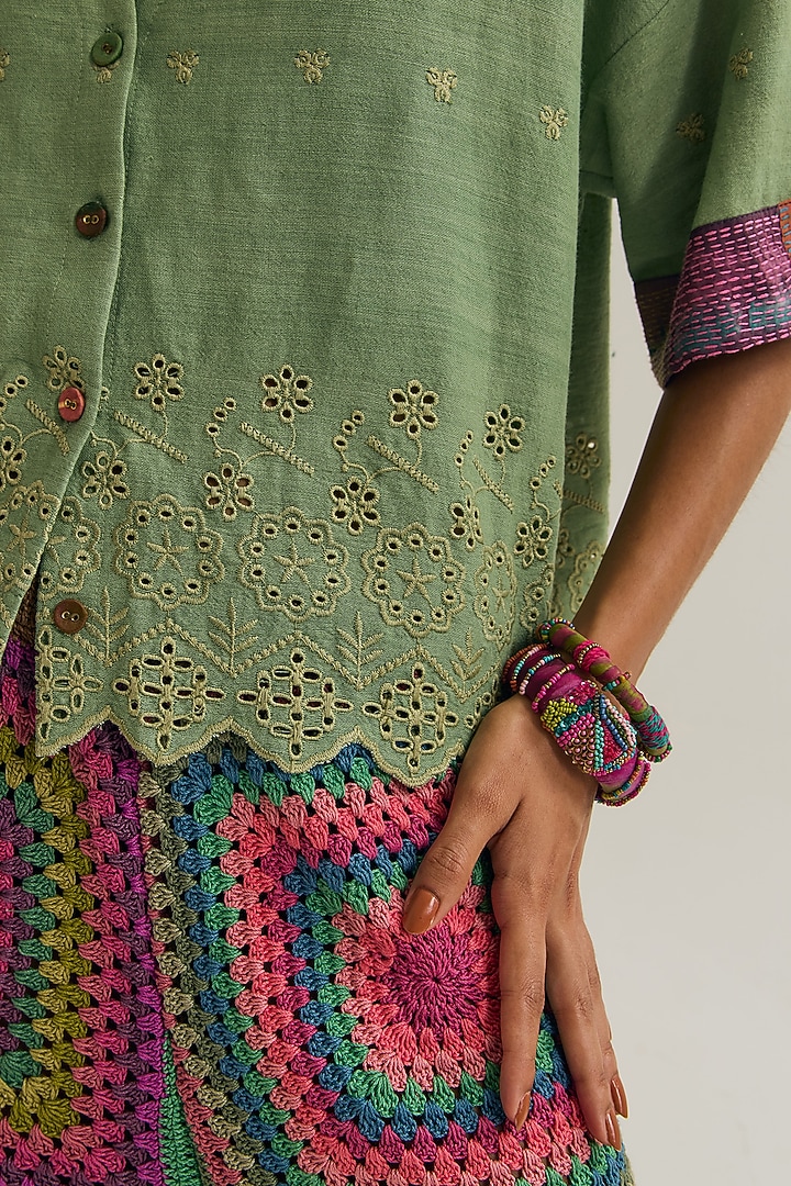 Sage Green Cotton Kantha Embroidered Shirt by Capisvirleo at Pernia's Pop Up Shop