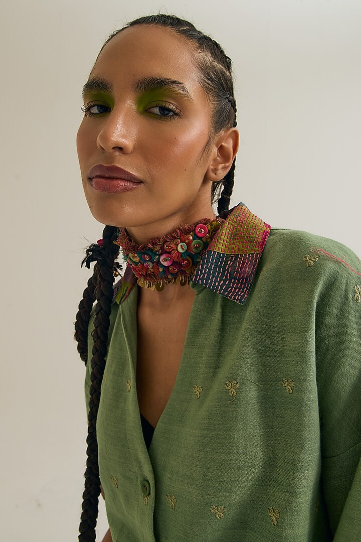 Sage Green Cotton Kantha Embroidered Shirt by Capisvirleo at Pernia's Pop Up Shop