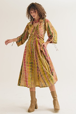 Ecru Cotton Silk Tie-Dyed A-Line Dress  by Capisvirleo